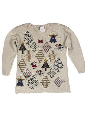 Vintage 90s Weathervane Christmas Sweater Large Cream Festive Knit Santa Angel